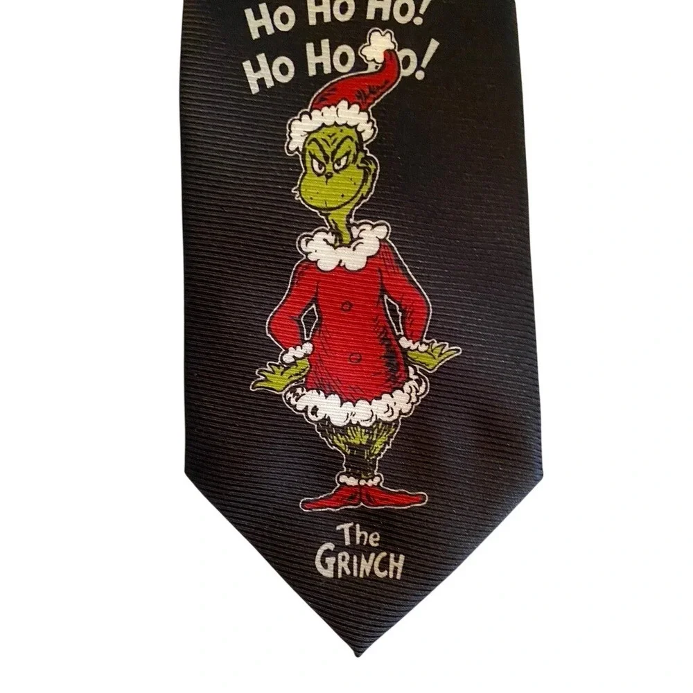 Dr Seuss The Grinch Ho Ho Ho Christmas Necktie Black Holiday Santa Suit Mens Tie